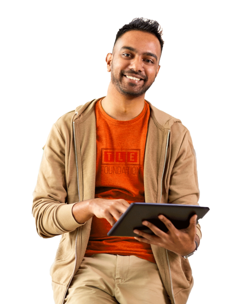 man with tablet smiling
